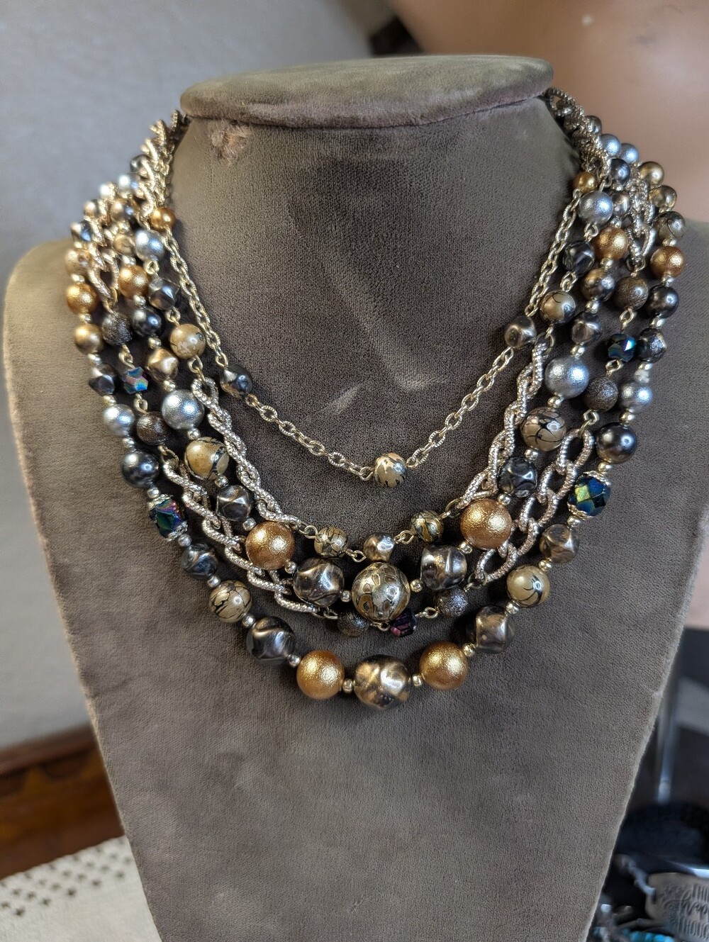 Vintage Japan Multi-Strand Gold Tone Faux Pearl Beaded Statement Necklace